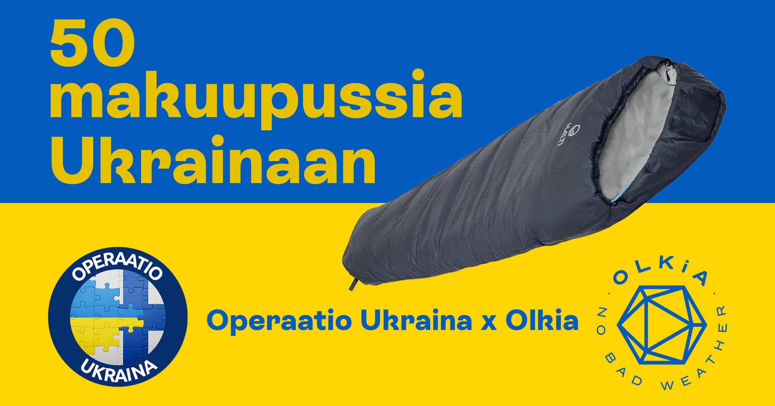 50 makuupussia Ukrainaan. Kuvassa makuupussi ja järjestäjien logot.